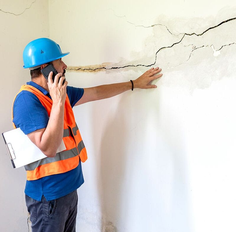 construction worker in Los Angeles checking property damage caused by construction defects