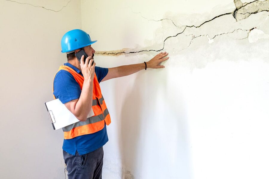 construction worker in Los Angeles checking property damage caused by construction defects