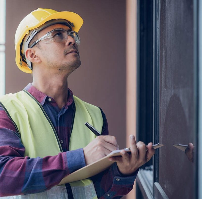 construction worker in San Diego inspecting property damage caused by construction defects