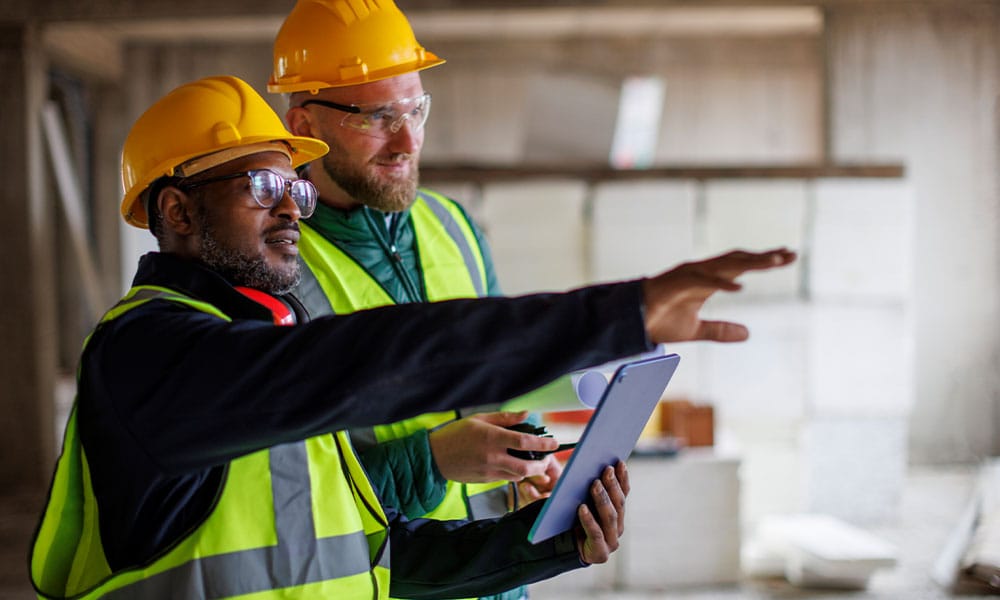 two workers discussing a construction dispute on a construction site in San Diego