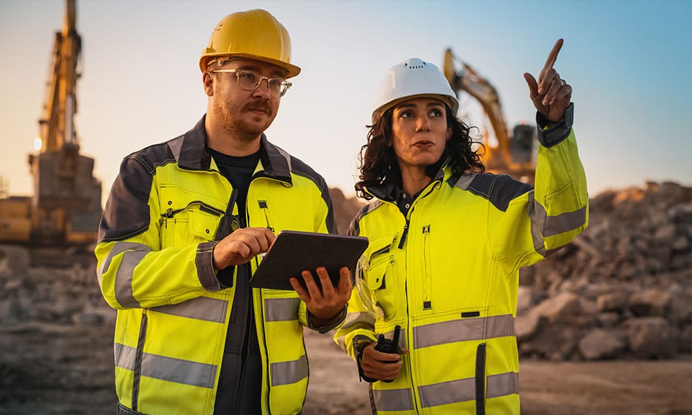 two workers on a los angeles construction site wearing personal protection equipment