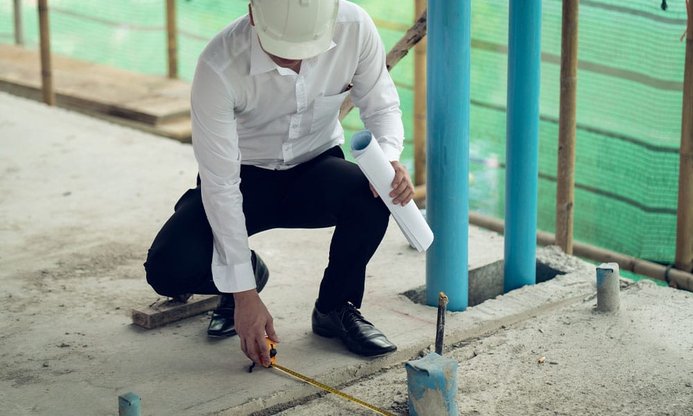 worker in san diego inspecting a construction defect