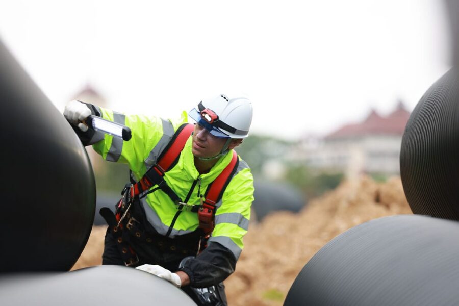 man working on a construction site in san diego and wearing personal protective equipment